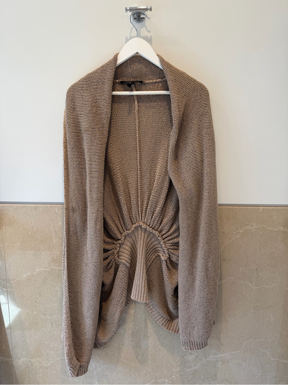 Like New - BCBGMaxAzria Ruched Open-Front Cardigan in Taupe Brown (L)